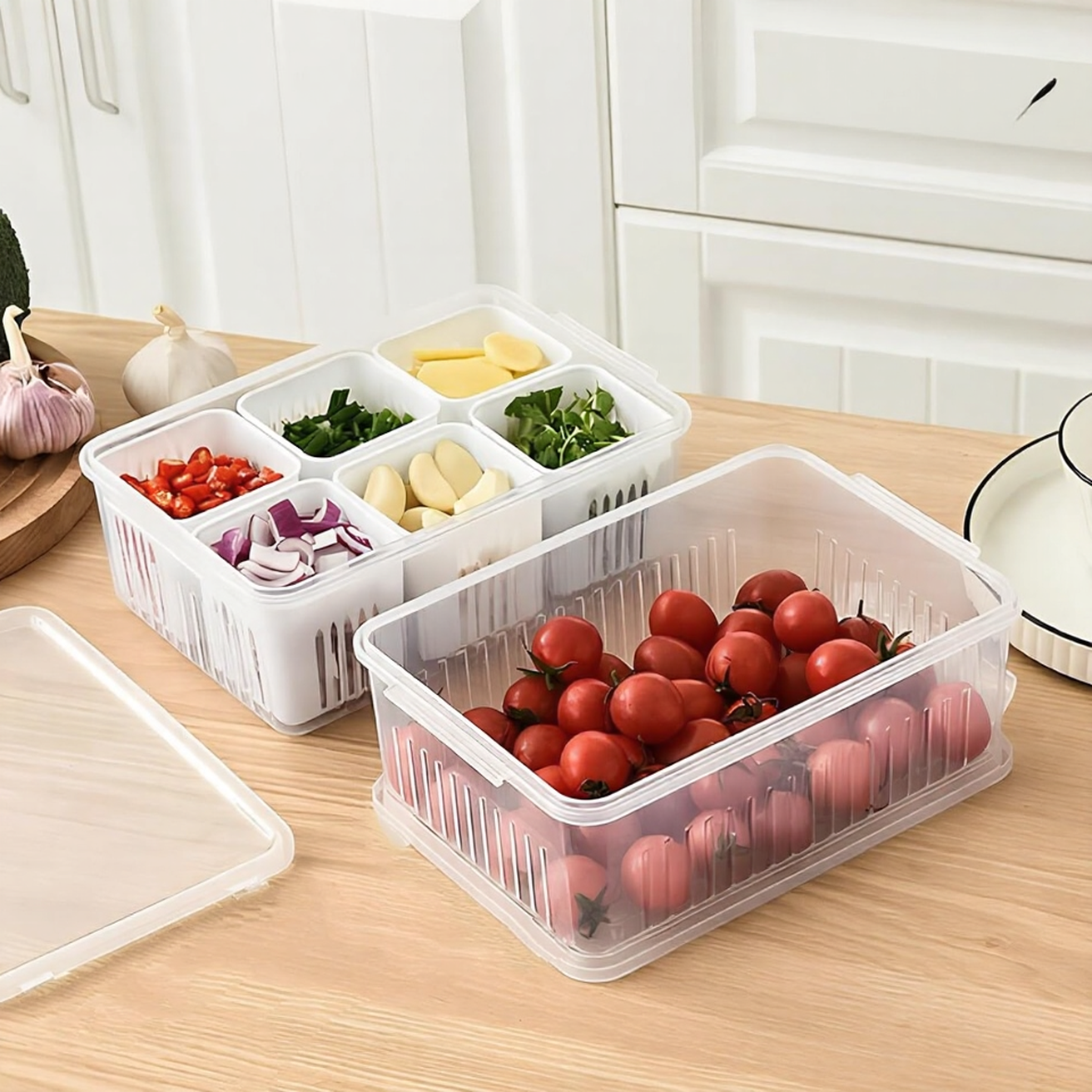 Aspiral Refrigerator Organizer Container with 4 and 6 Grid Compartments | 2000ML Fridge Storage Box for Vegetables & Fruits