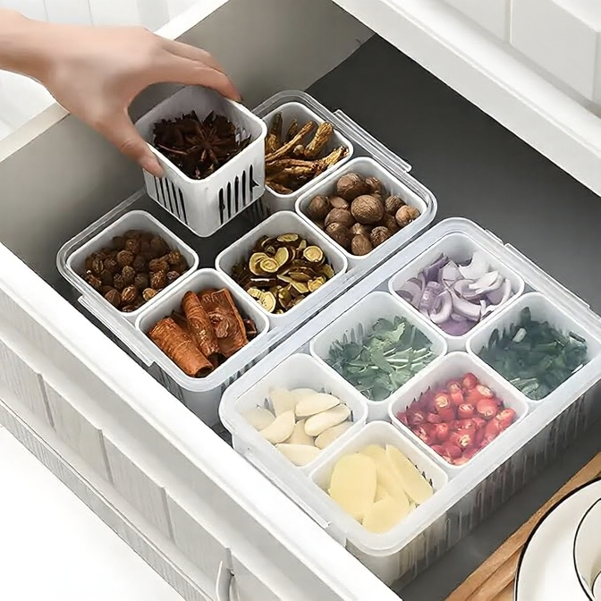 Aspiral Refrigerator Organizer Container with 4 and 6 Grid Compartments | 2000ML Fridge Storage Box for Vegetables & Fruits