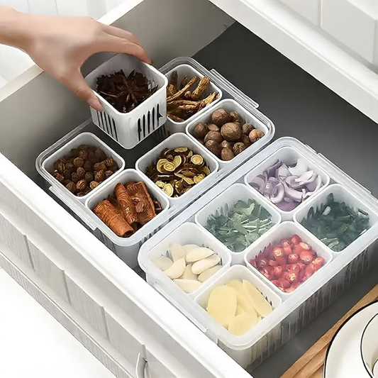 Aspiral Refrigerator Organizer Container with 4 and 6 Grid Compartments | 2000ML Fridge Storage Box for Vegetables & Fruits