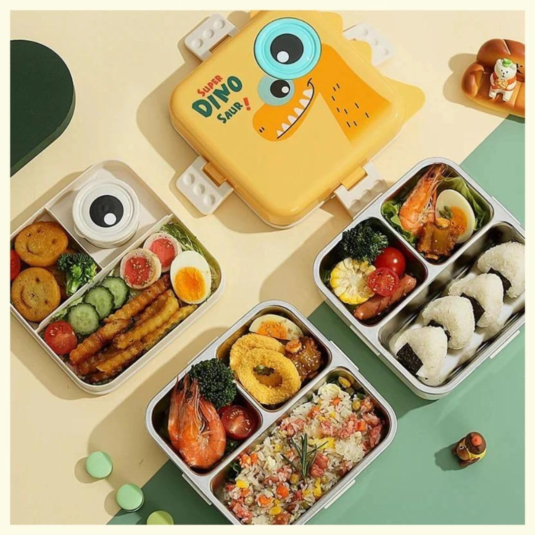 Aspiral Super Dino Kids School Lunch Box with Stainless Steel Compartments | Airtight Leak-Proof Lunch Box