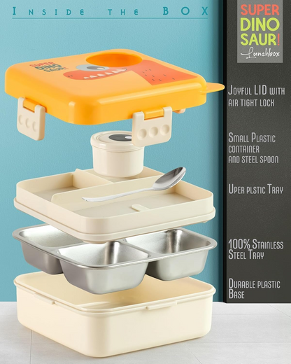 Aspiral Super Dino Kids School Lunch Box with Stainless Steel Compartments | Airtight Leak-Proof Lunch Box