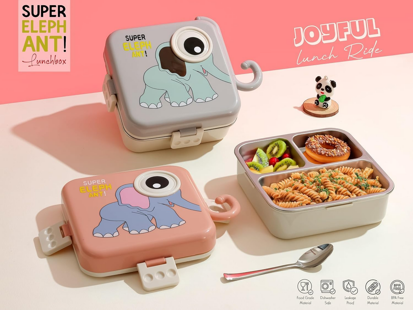 Aspiral Super Elephant Kids School Lunch Box with Stainless Steel Compartments | Airtight Leak-Proof Bento Box