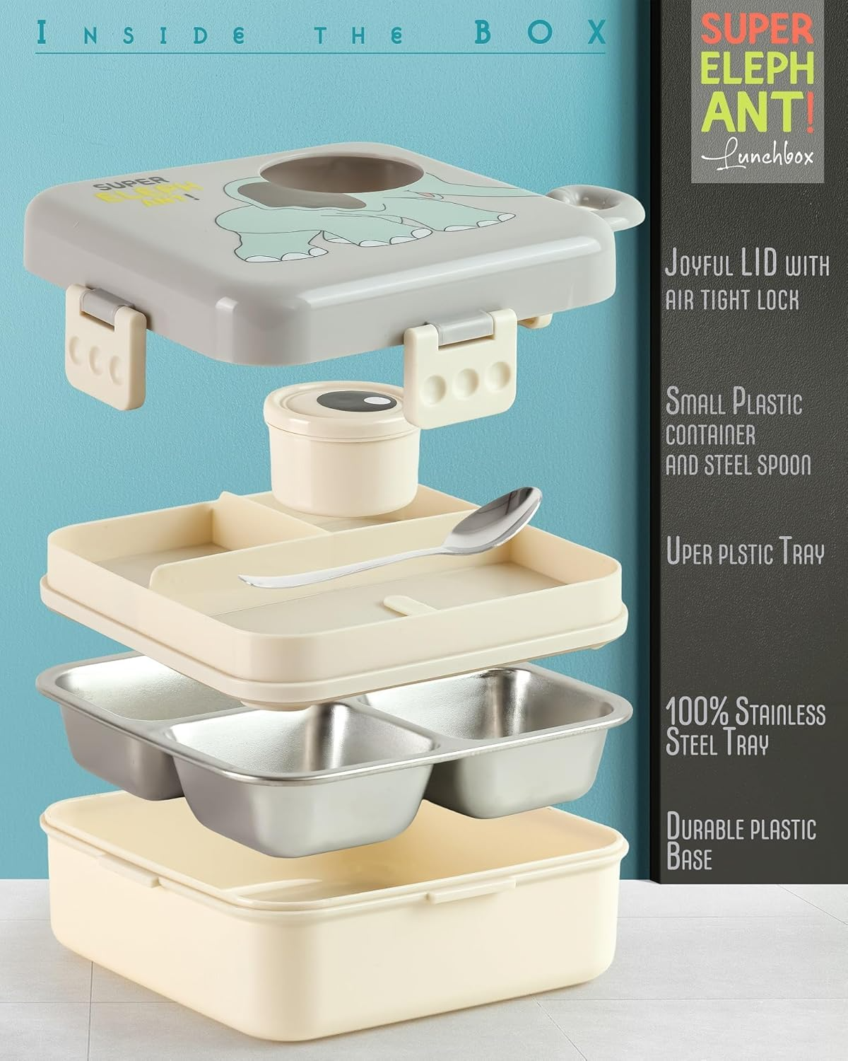 Aspiral Super Elephant Kids School Lunch Box with Stainless Steel Compartments | Airtight Leak-Proof Bento Box