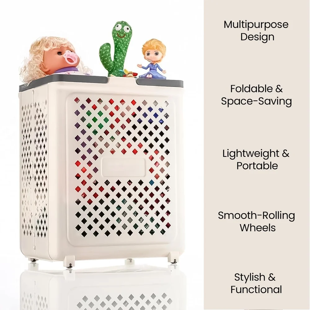 Aspiral Multipurpose Foldable Laundry Basket with Wheels and Handles - Space-Saving Clothes Storage Basket for Home (45 Liter Capacity)