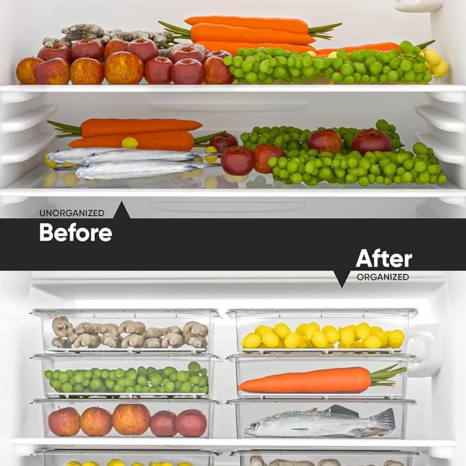 Aspiral Fridge Storage Containers (Pack of 6), Fridge Organiser Storage Boxes with Removable Drain Plate , Stackable Organizer