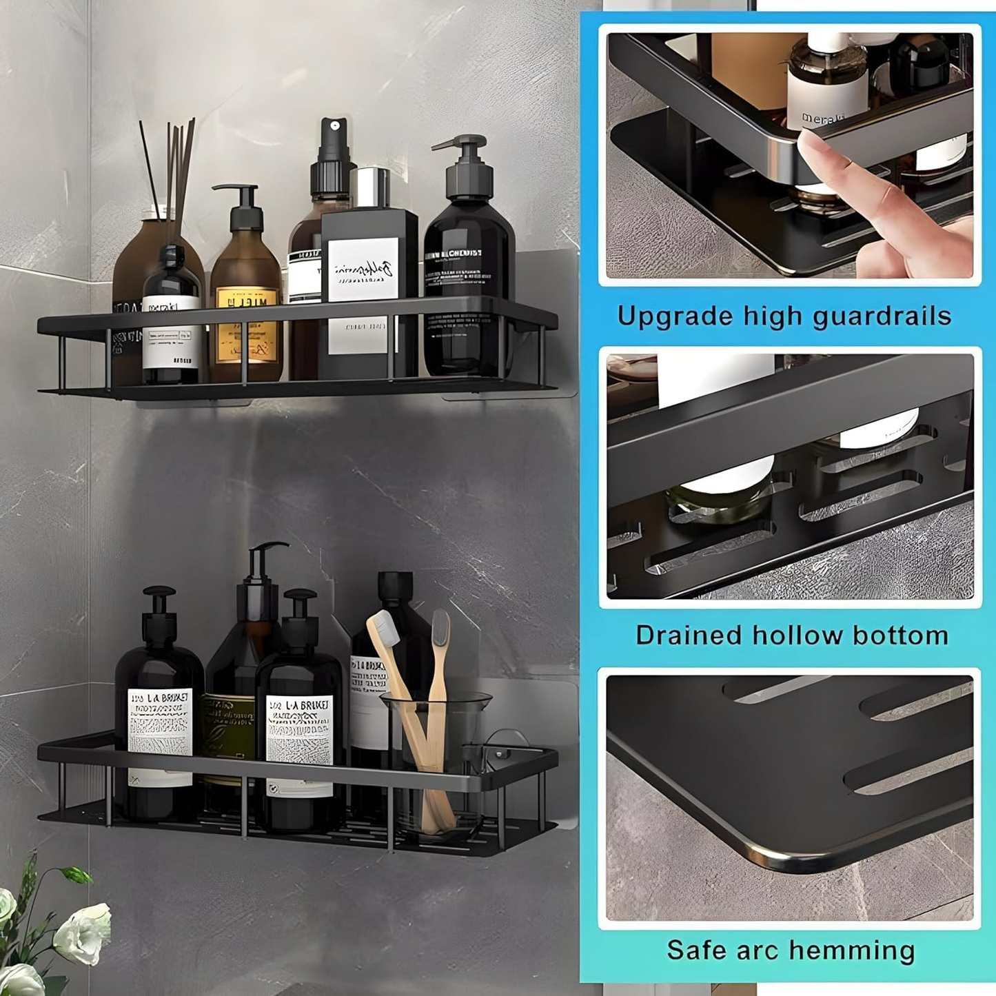Aspiral Premium Space Aluminum Bathroom Wall Shelf Set of 2 | Heavy-Duty No-Drill Adhesive Rack