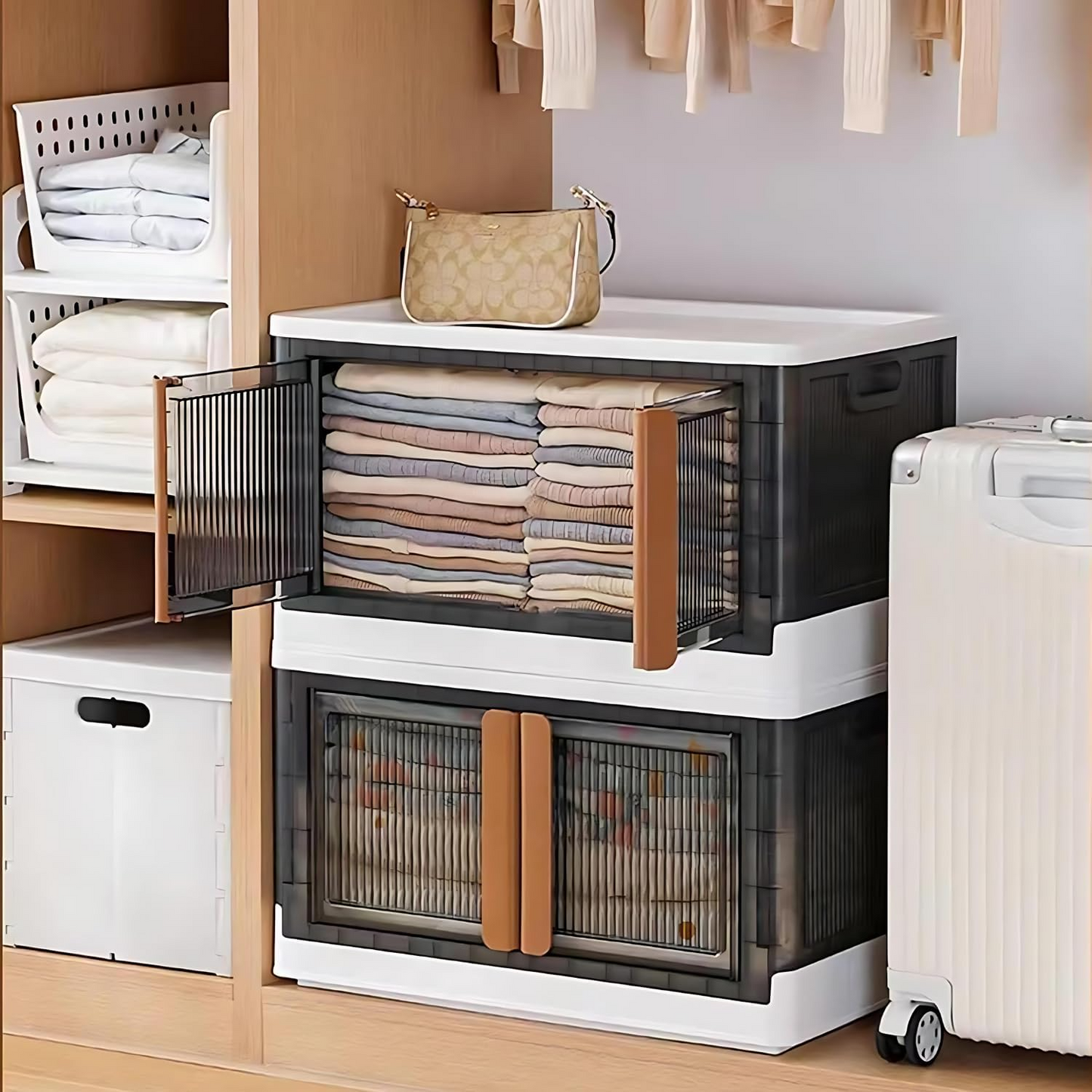 Aspiral Foldable Stackable Plastic Storage Box with Front-Opening Doors & Locking Buckle