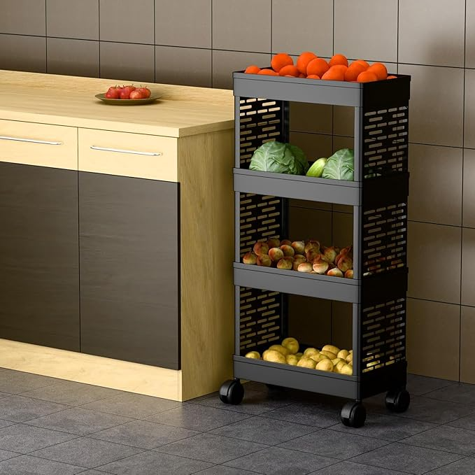 Aspiral Multipurpose 4-Tier Kitchen Storage Trolley with Wheels - Vegetable & Grocery Organizer