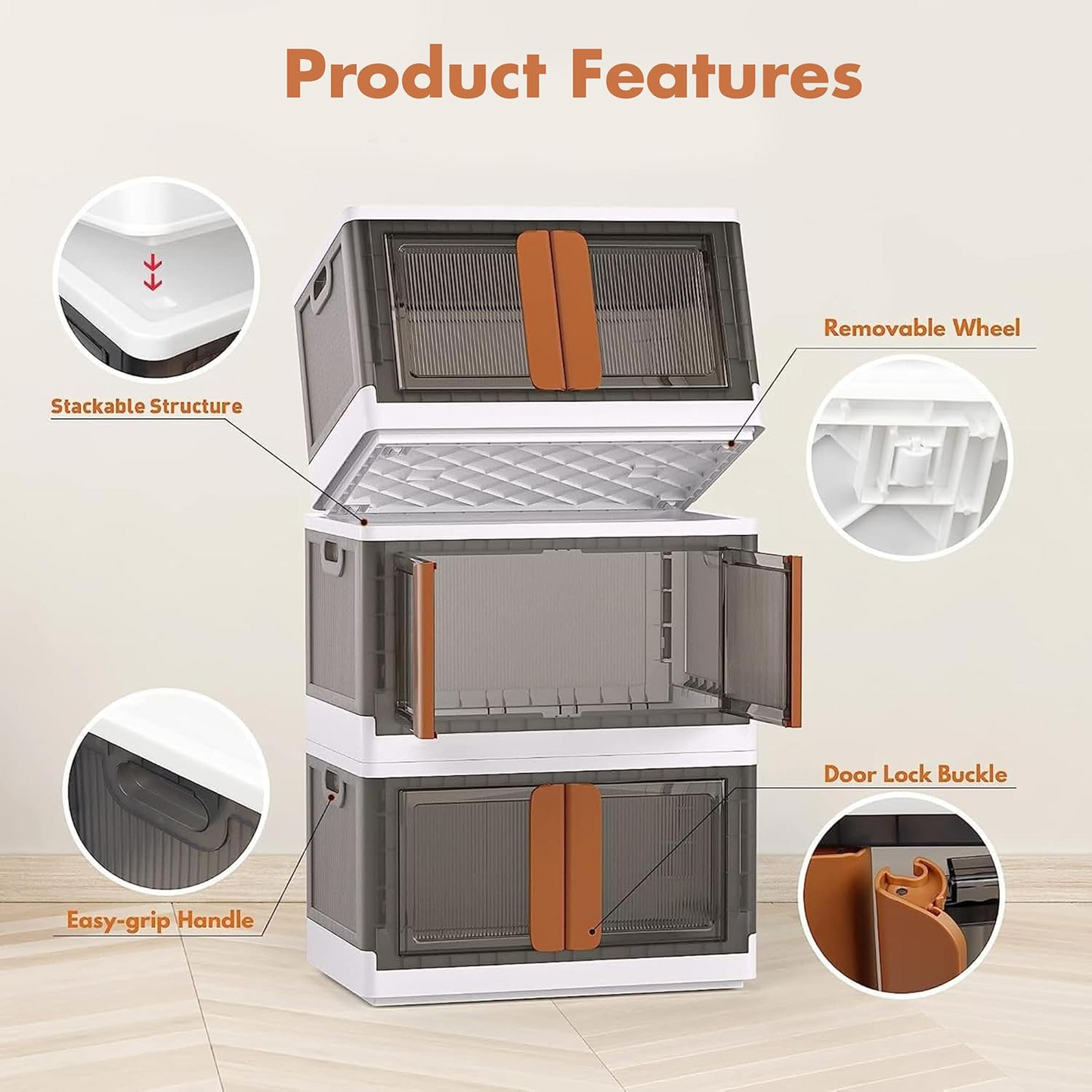 Aspiral Foldable Stackable Plastic Storage Box with Front-Opening Doors & Locking Buckle