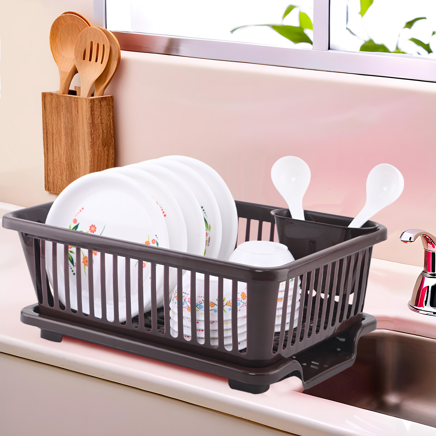 Aspiral Kitchen Dish Drainer with Detachable Tray & Utensil Holder - Space Saving Dish Drying Rack for Plates, Bowls & Cutlery